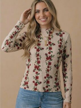 Mock neck floral ribbed layering western boho chic pullover tunic top blouse